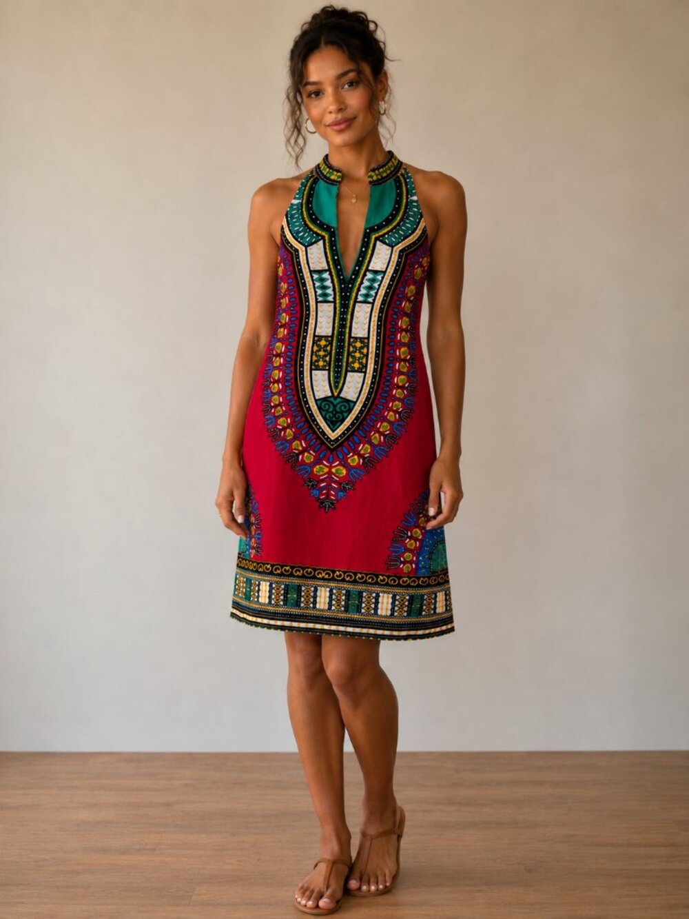 African Print Backless Halter Dashiki Dress A Line Multicolor Statement Sundress